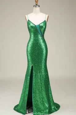 Sereia Brilhante Esparguete Alças Verde Sequins Long Prom Dress com Frente Dividida