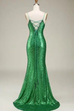 Sereia Brilhante Esparguete Alças Verde Sequins Long Prom Dress com Frente Dividida
