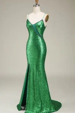 Sereia Brilhante Esparguete Alças Verde Sequins Long Prom Dress com Frente Dividida