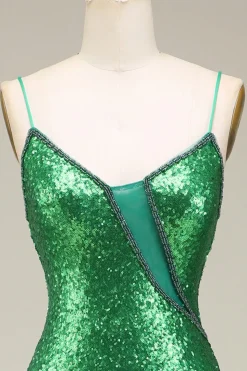 Sereia Brilhante Esparguete Alças Verde Sequins Long Prom Dress com Frente Dividida