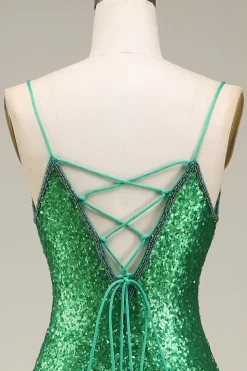 Sereia Brilhante Esparguete Alças Verde Sequins Long Prom Dress com Frente Dividida