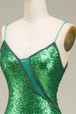Sereia Brilhante Esparguete Alças Verde Sequins Long Prom Dress com Frente Dividida