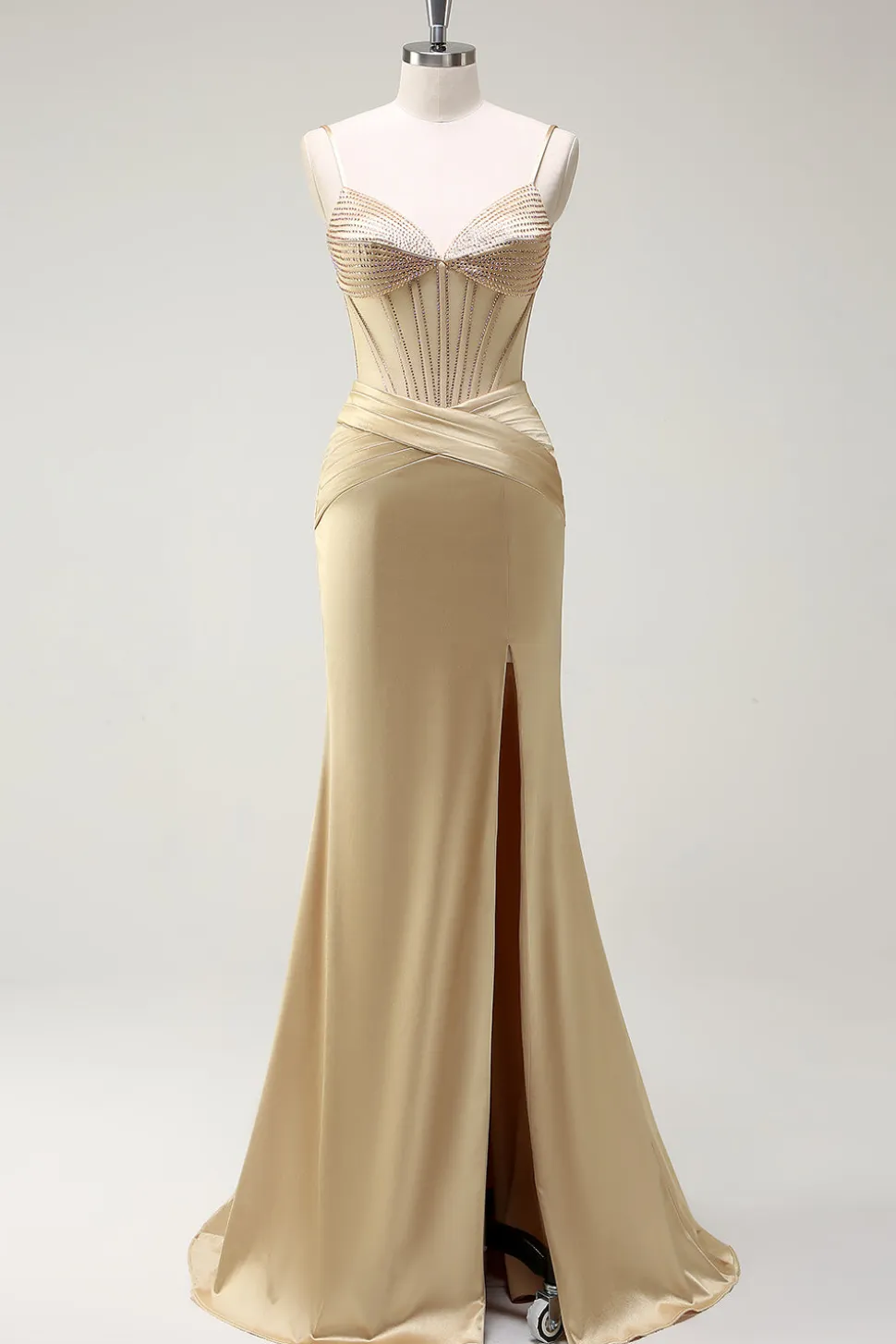 Sereia Brilhante Esparguete Correias Espartilho Dourado Vestido Longo Baile de Formatura com Fenda
