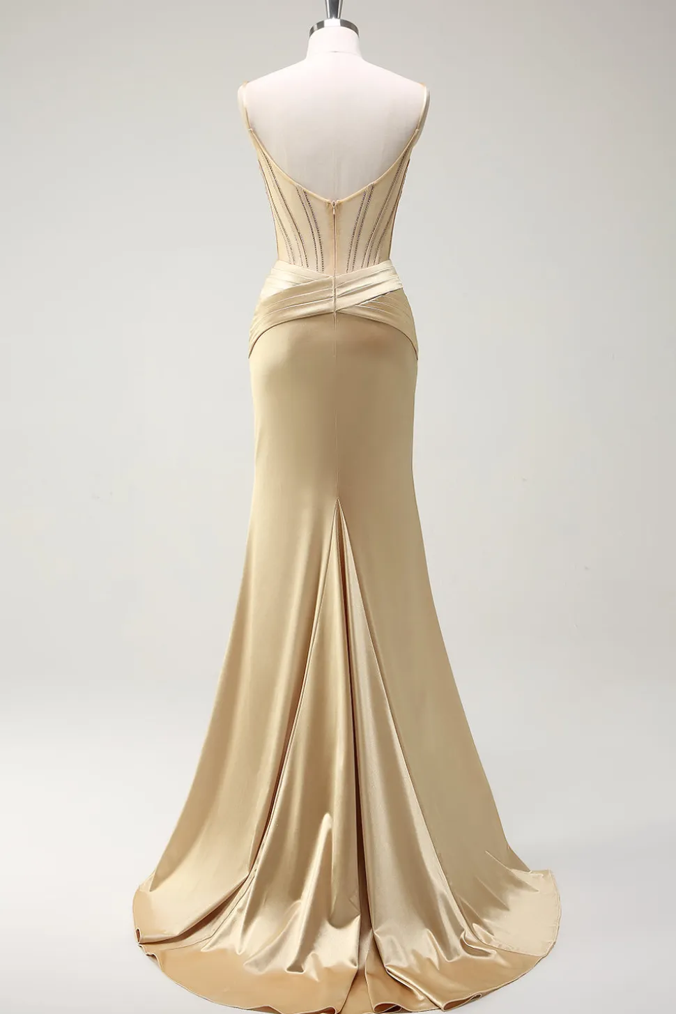 Sereia Brilhante Esparguete Correias Espartilho Dourado Vestido Longo Baile de Formatura com Fenda