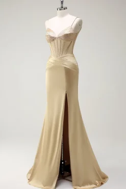 Sereia Brilhante Esparguete Correias Espartilho Dourado Vestido Longo Baile de Formatura com Fenda
