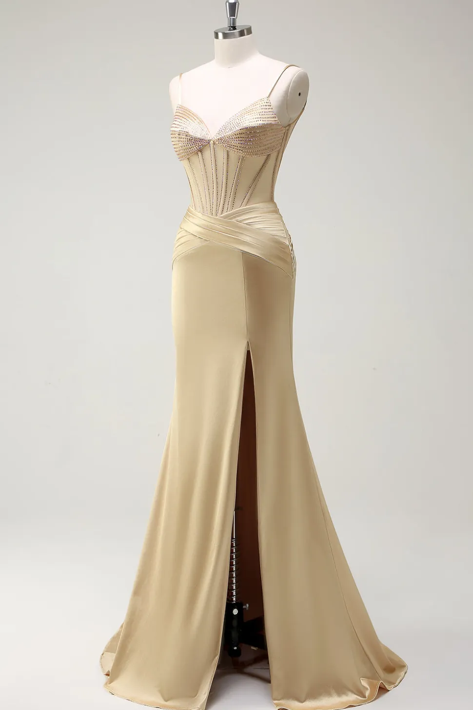 Sereia Brilhante Esparguete Correias Espartilho Dourado Vestido Longo Baile de Formatura com Fenda