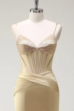 Sereia Brilhante Esparguete Correias Espartilho Dourado Vestido Longo Baile de Formatura com Fenda