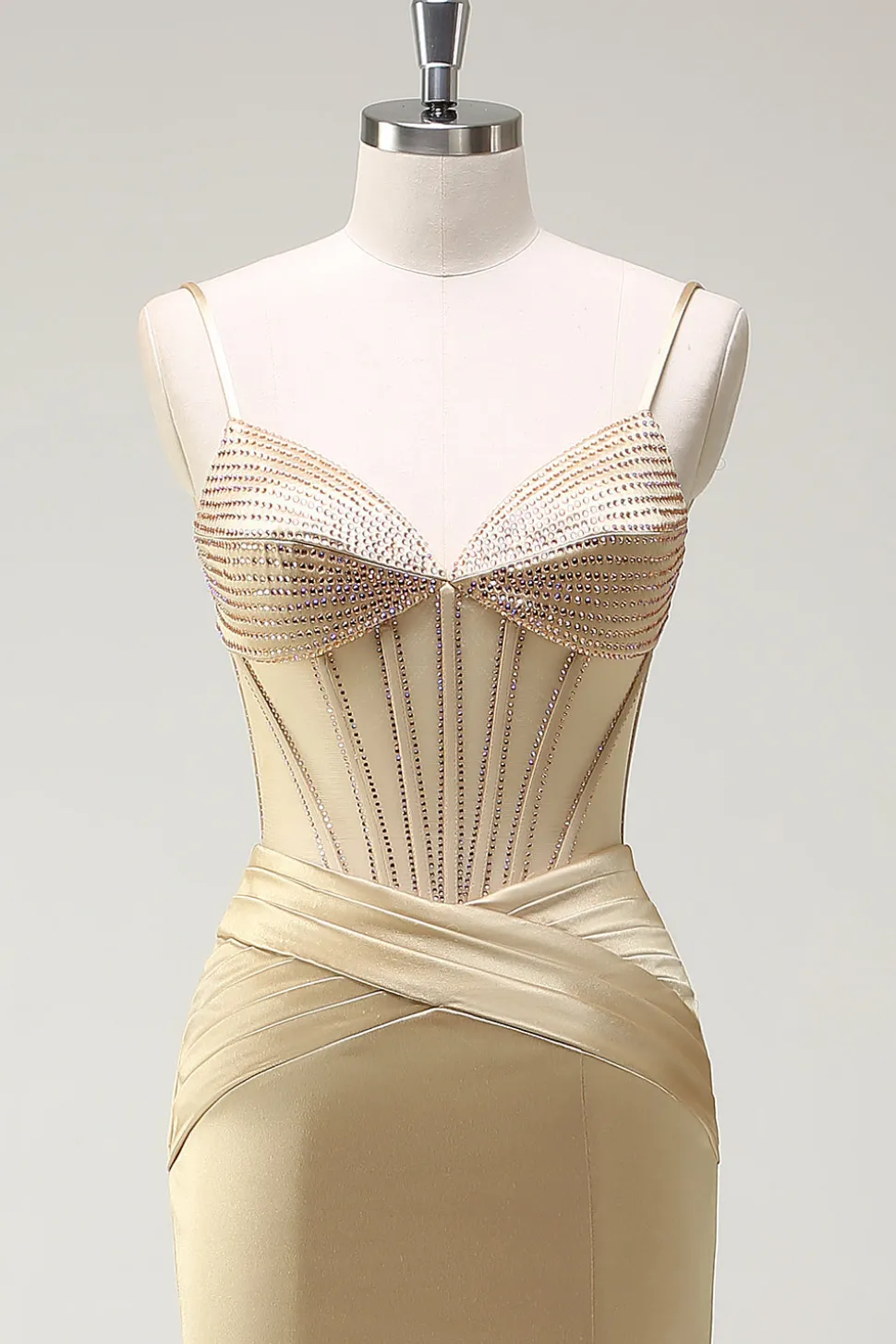 Sereia Brilhante Esparguete Correias Espartilho Dourado Vestido Longo Baile de Formatura com Fenda