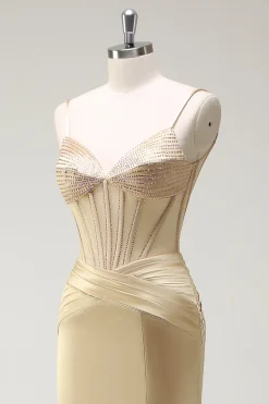 Sereia Brilhante Esparguete Correias Espartilho Dourado Vestido Longo Baile de Formatura com Fenda