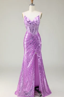 Sereia brilhante espartilho roxo apliqued vestido de baile com fenda