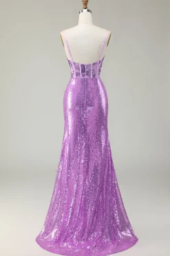 Sereia brilhante espartilho roxo apliqued vestido de baile com fenda
