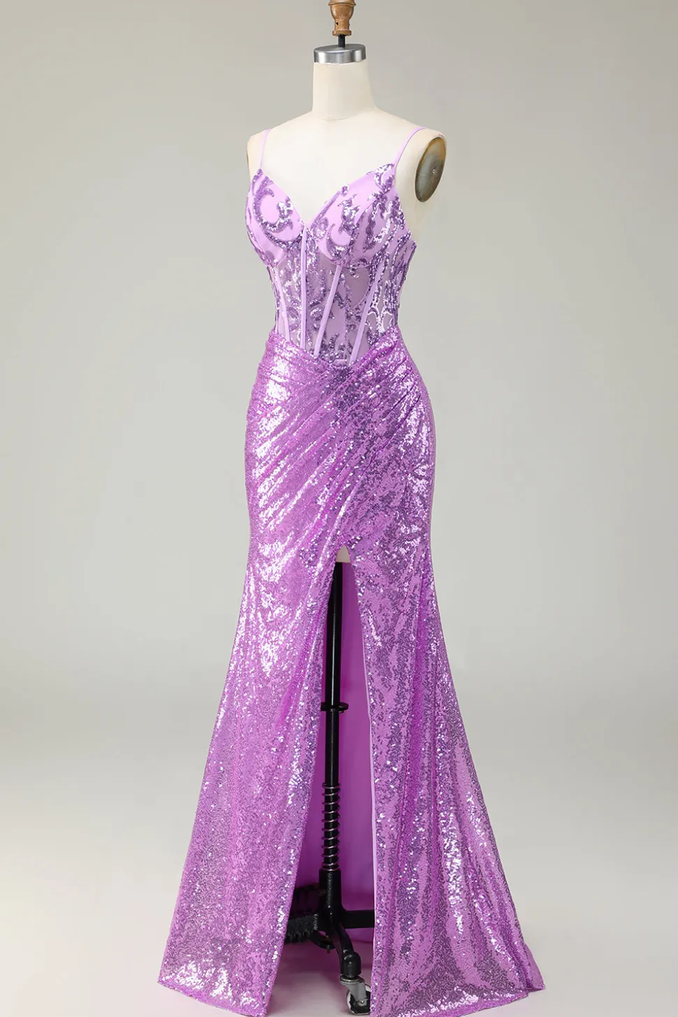 Sereia brilhante espartilho roxo apliqued vestido de baile com fenda