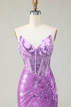 Sereia brilhante espartilho roxo apliqued vestido de baile com fenda