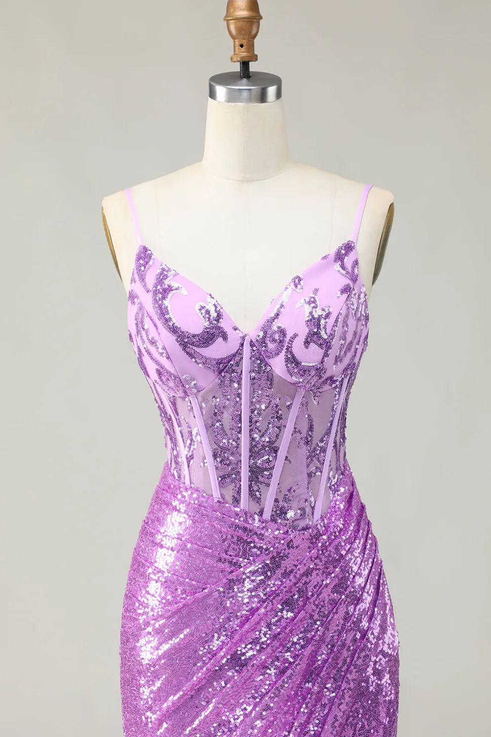 Sereia brilhante espartilho roxo apliqued vestido de baile com fenda
