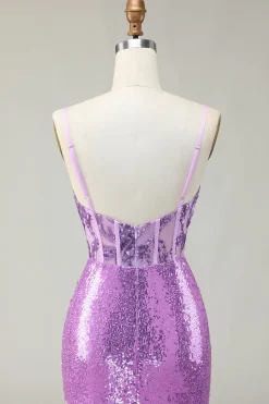 Sereia brilhante espartilho roxo apliqued vestido de baile com fenda