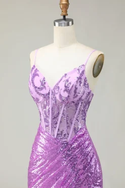 Sereia brilhante espartilho roxo apliqued vestido de baile com fenda
