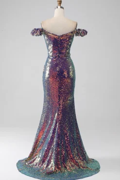 Sereia brilhante fora do ombro roxo vestido de baile com fenda