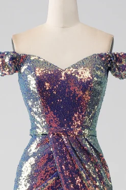 Sereia brilhante fora do ombro roxo vestido de baile com fenda