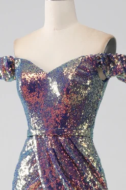 Sereia brilhante fora do ombro roxo vestido de baile com fenda