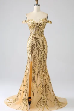 Sereia brilhante fora do ombro vestido de baile de espartilho dourado com fenda