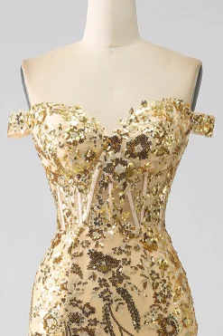 Sereia brilhante fora do ombro vestido de baile de espartilho dourado com fenda