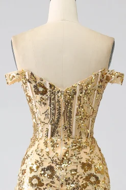 Sereia brilhante fora do ombro vestido de baile de espartilho dourado com fenda