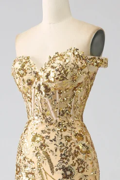 Sereia brilhante fora do ombro vestido de baile de espartilho dourado com fenda