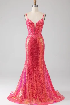 Sereia brilhante Fuchsia Prom Dress com Sequins