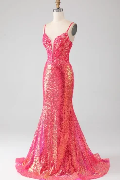 Sereia brilhante Fuchsia Prom Dress com Sequins