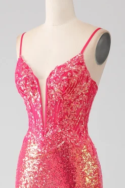 Sereia brilhante Fuchsia Prom Dress com Sequins