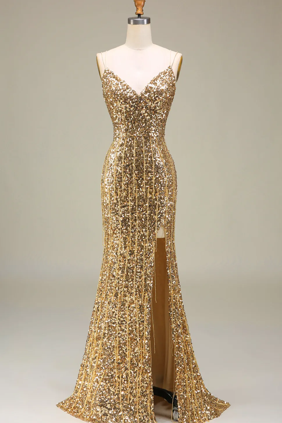 Sereia brilhante Golden Long Prom Dress com fenda