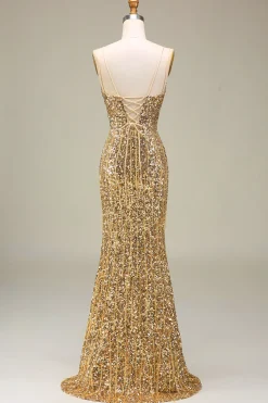 Sereia brilhante Golden Long Prom Dress com fenda