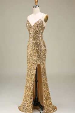 Sereia brilhante Golden Long Prom Dress com fenda