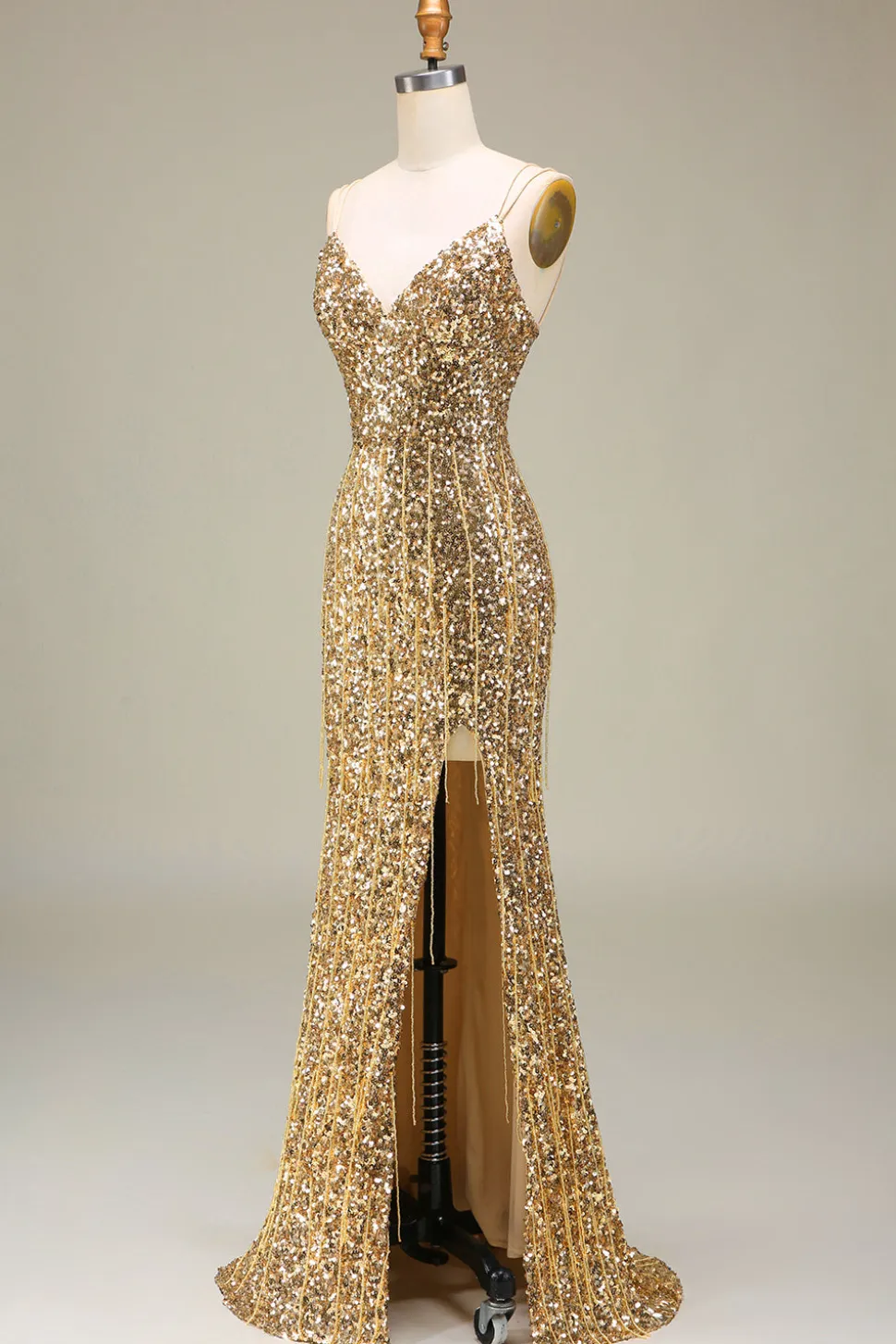Sereia brilhante Golden Long Prom Dress com fenda