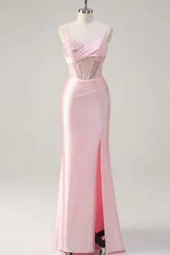 Sereia brilhante rosa longo vestido de baile de lantejoulas com fenda