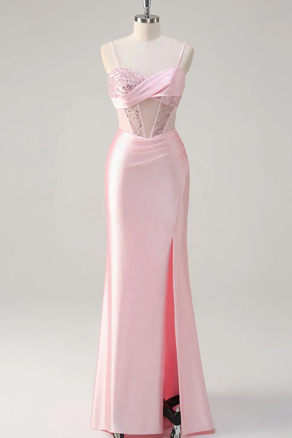 Sereia brilhante rosa longo vestido de baile de lantejoulas com fenda