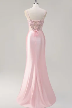 Sereia brilhante rosa longo vestido de baile de lantejoulas com fenda