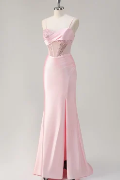 Sereia brilhante rosa longo vestido de baile de lantejoulas com fenda