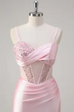 Sereia brilhante rosa longo vestido de baile de lantejoulas com fenda