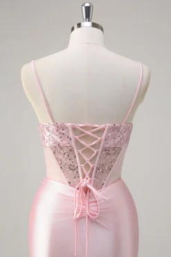 Sereia brilhante rosa longo vestido de baile de lantejoulas com fenda