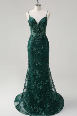 Sereia Brilhante Royal Blue Spaghetti Straps Corset Sequin Long Prom Dress com Bordado