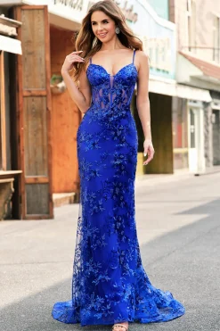 Sereia Brilhante Royal Blue Spaghetti Straps Corset Sequin Long Prom Dress com Bordado