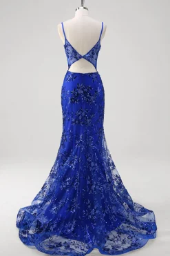 Sereia Brilhante Royal Blue Spaghetti Straps Corset Sequin Long Prom Dress com Bordado