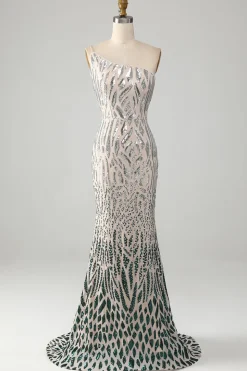 Sereia brilhante um ombro verde escuro Sequins longo vestido de baile