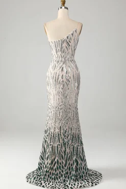 Sereia brilhante um ombro verde escuro Sequins longo vestido de baile