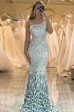 Sereia brilhante um ombro verde escuro Sequins longo vestido de baile