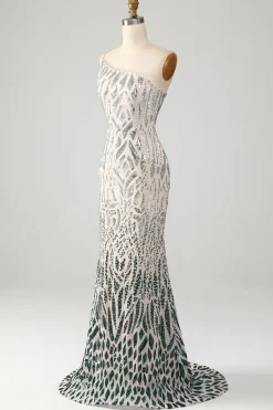 Sereia brilhante um ombro verde escuro Sequins longo vestido de baile
