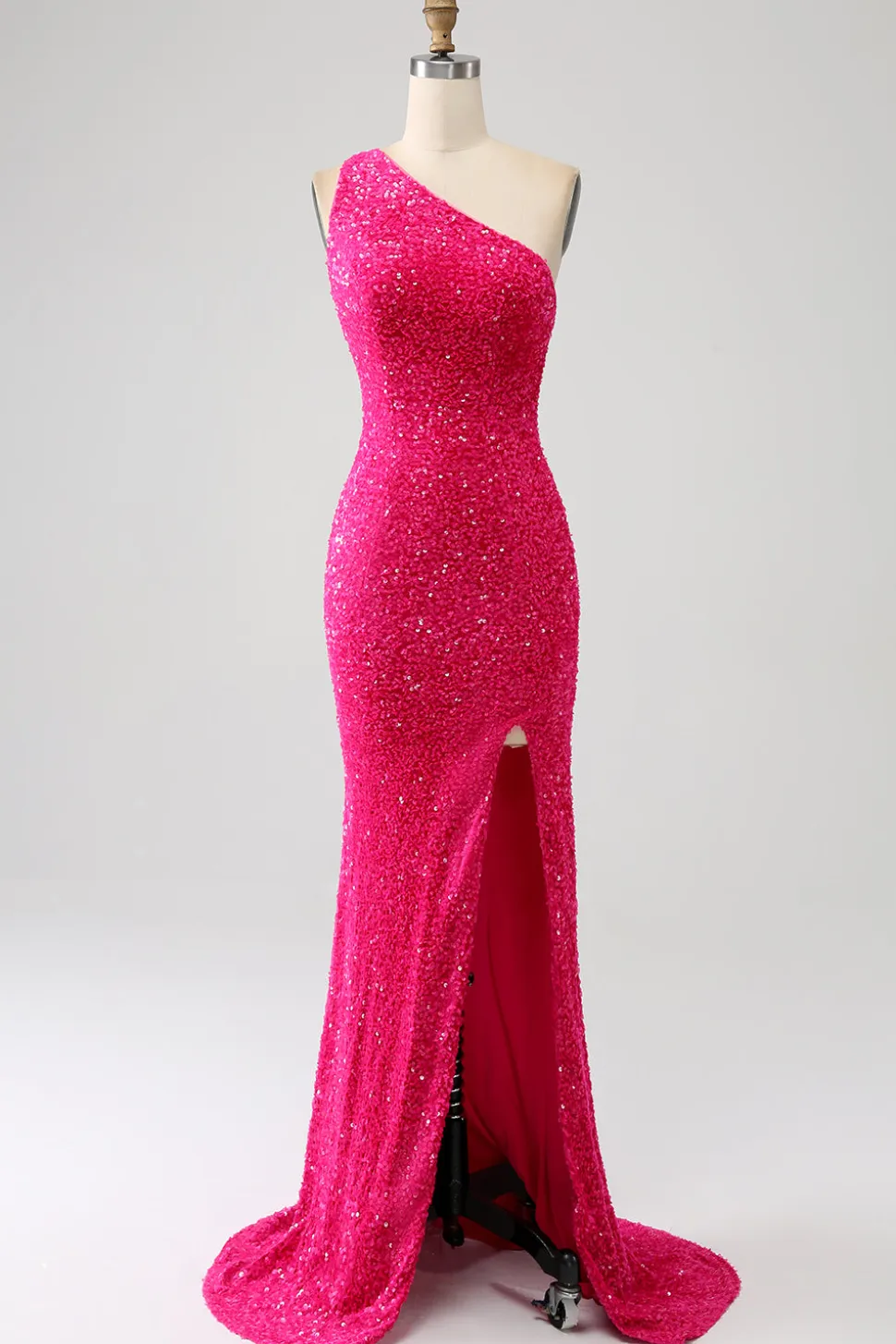 Sereia brilhante um ombro Fuchsia Sequins longo vestido de baile com fenda