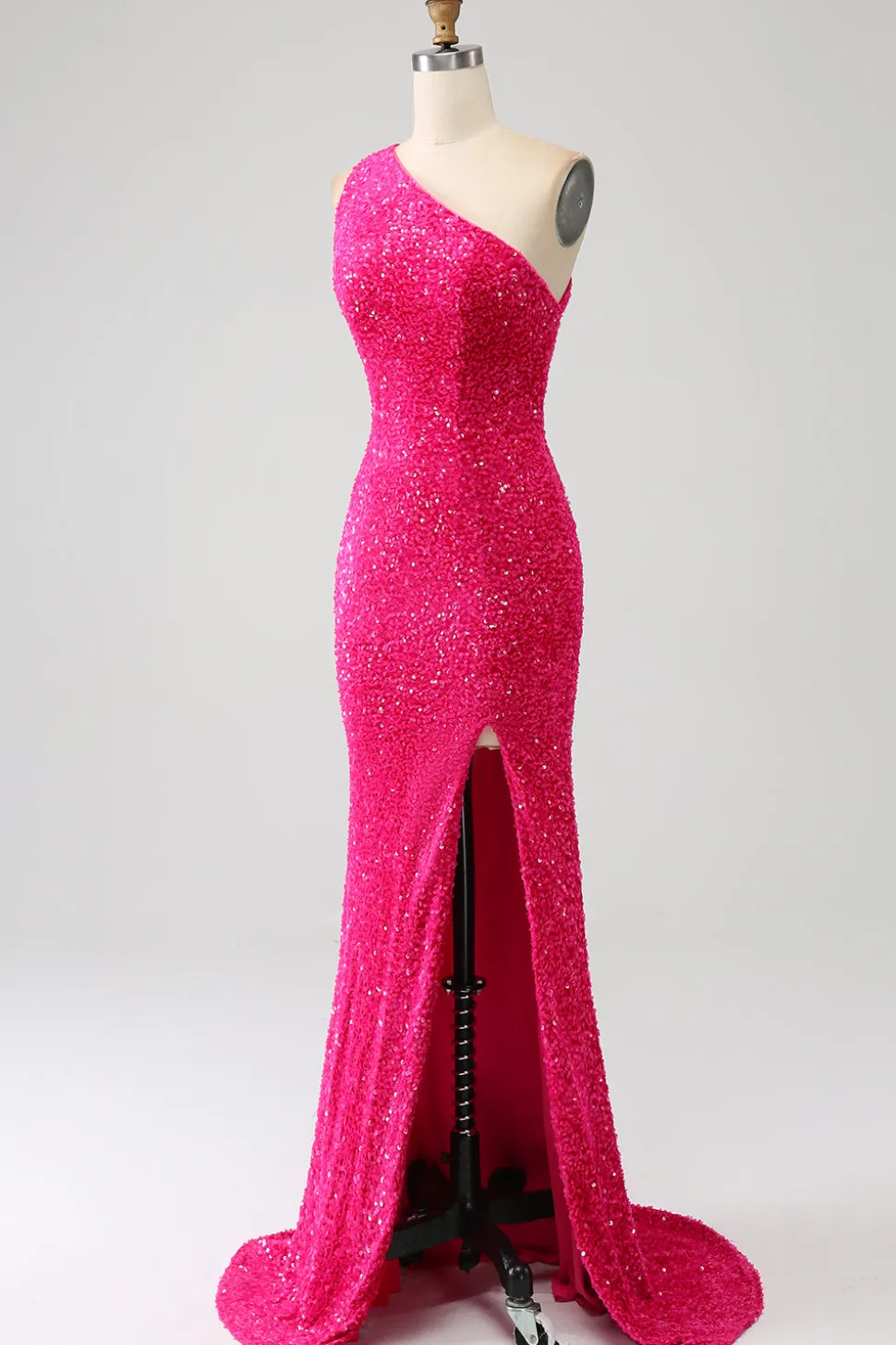 Sereia brilhante um ombro Fuchsia Sequins longo vestido de baile com fenda