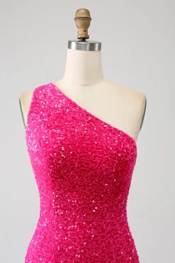 Sereia brilhante um ombro Fuchsia Sequins longo vestido de baile com fenda